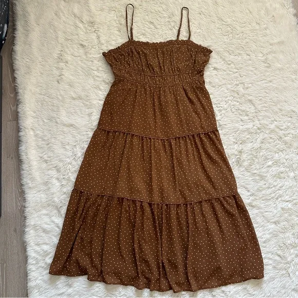 Madewell Dress Sophia Cami Tiered Midi in Dot Ruffle Sepia Polka Dot Brown 10 - Picture 4 of 14
